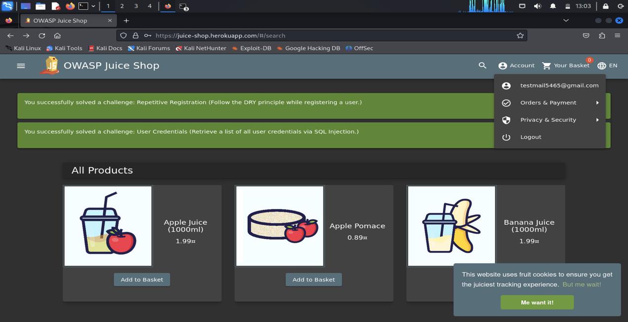 Signed into OWASP Juice Shop